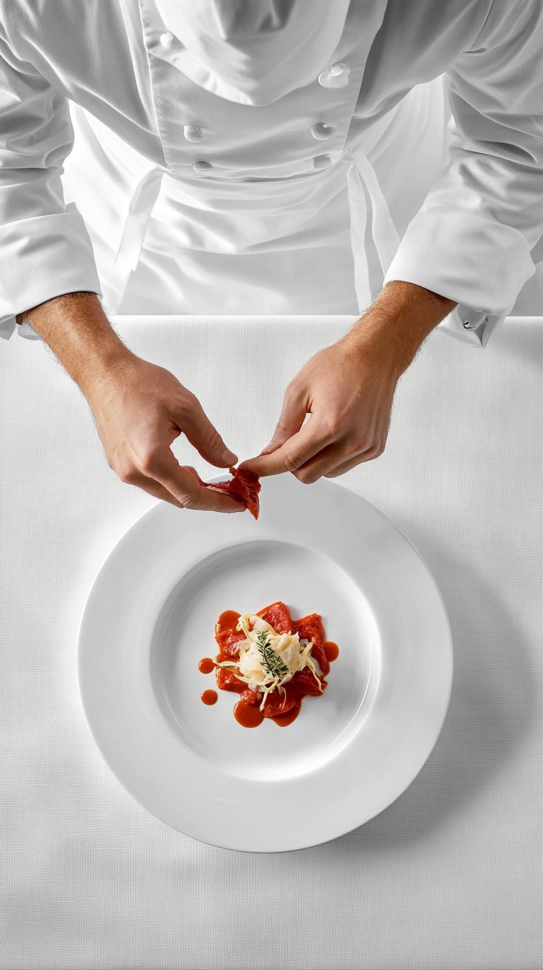 Chef creando un piatto elegante con ingredienti locali